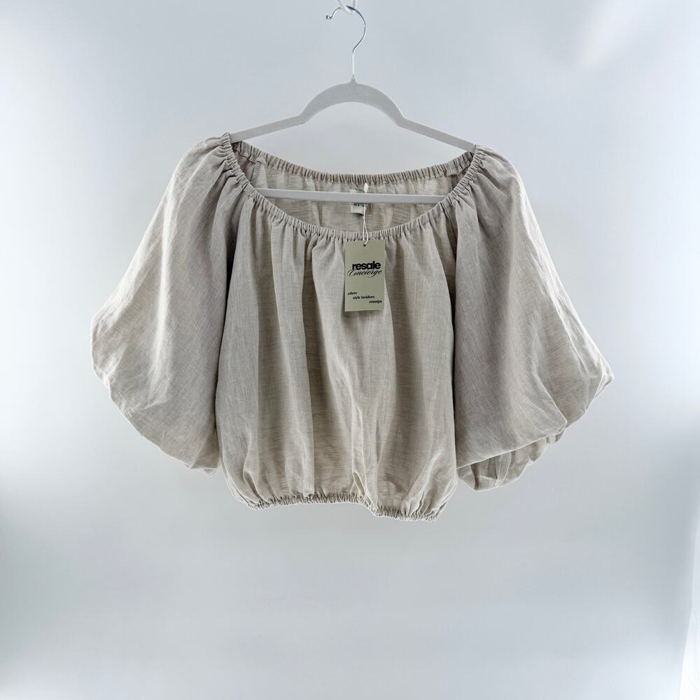 Dissh 100% Linen Puff Sleeve Off Shoulder Cropped Bubble Top Beige Women's US 4